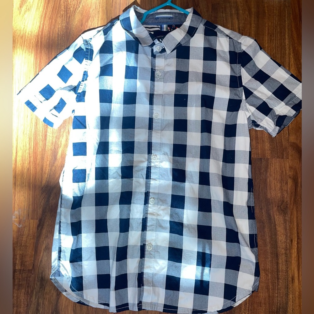 Boy Short Sleeve Button Down, Blue & White Checkered, Size 9/10